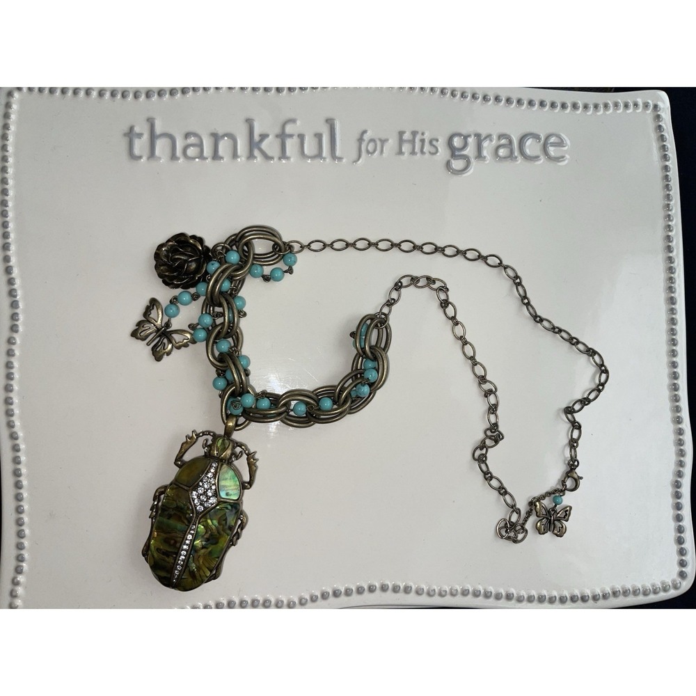 Fossil Chunky Necklace Cucumber Beetle Scarab Bug Pendant Beads Art Deco Jewelry